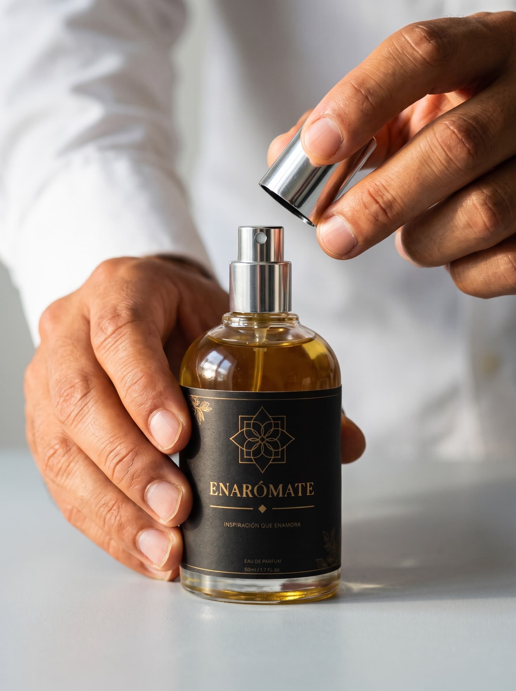 Manos destapando un frasco de Eau de Parfum con luz lateral